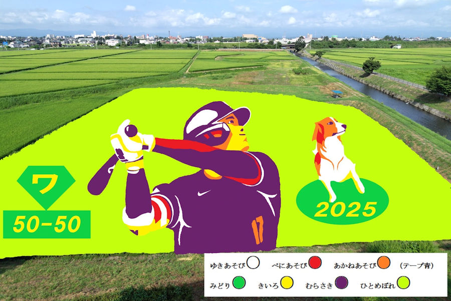 田植えしようぜ！（大谷選手とデコピン、6月1日に水沢・跡呂井田んぼアート）