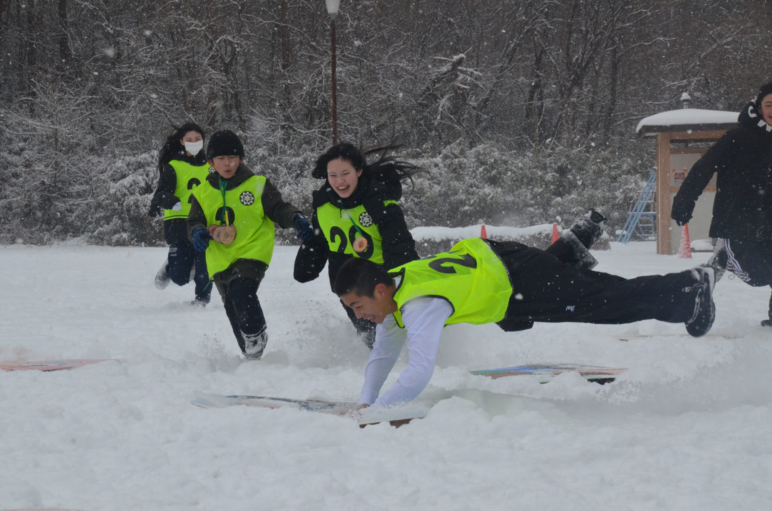 雪上絵札へ疾走ダイブ 、水沢黒石・冬の風物詩ジャンボかるた